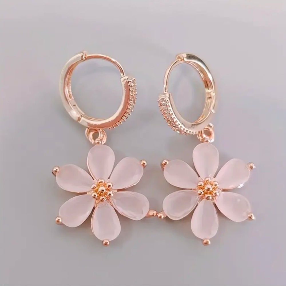 Pink CZ flower 14k gold plated huggie earrings. New. - Picture 3 of 9